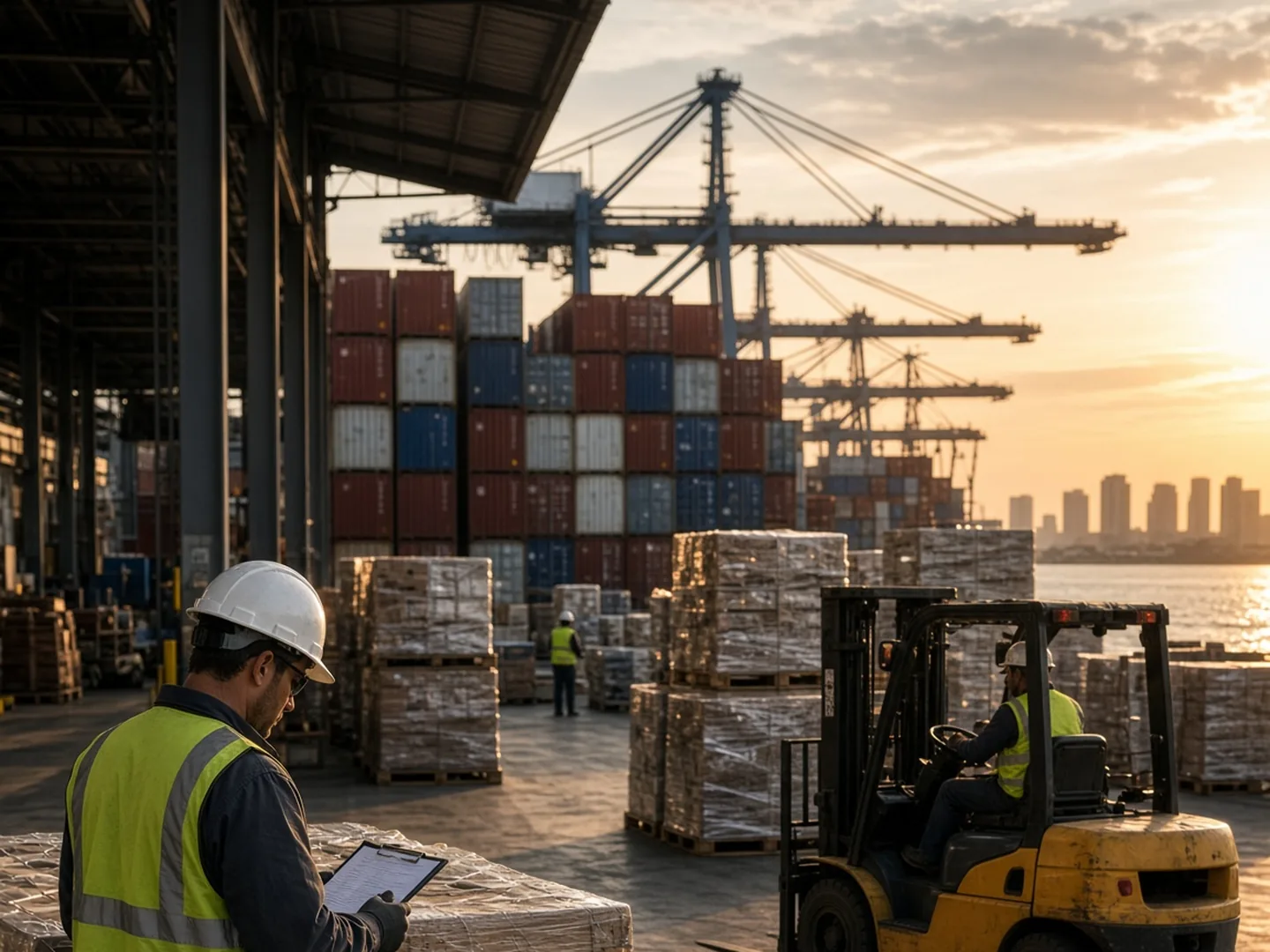 En el muelle, un operario revisa un pallet frente a los contenedores